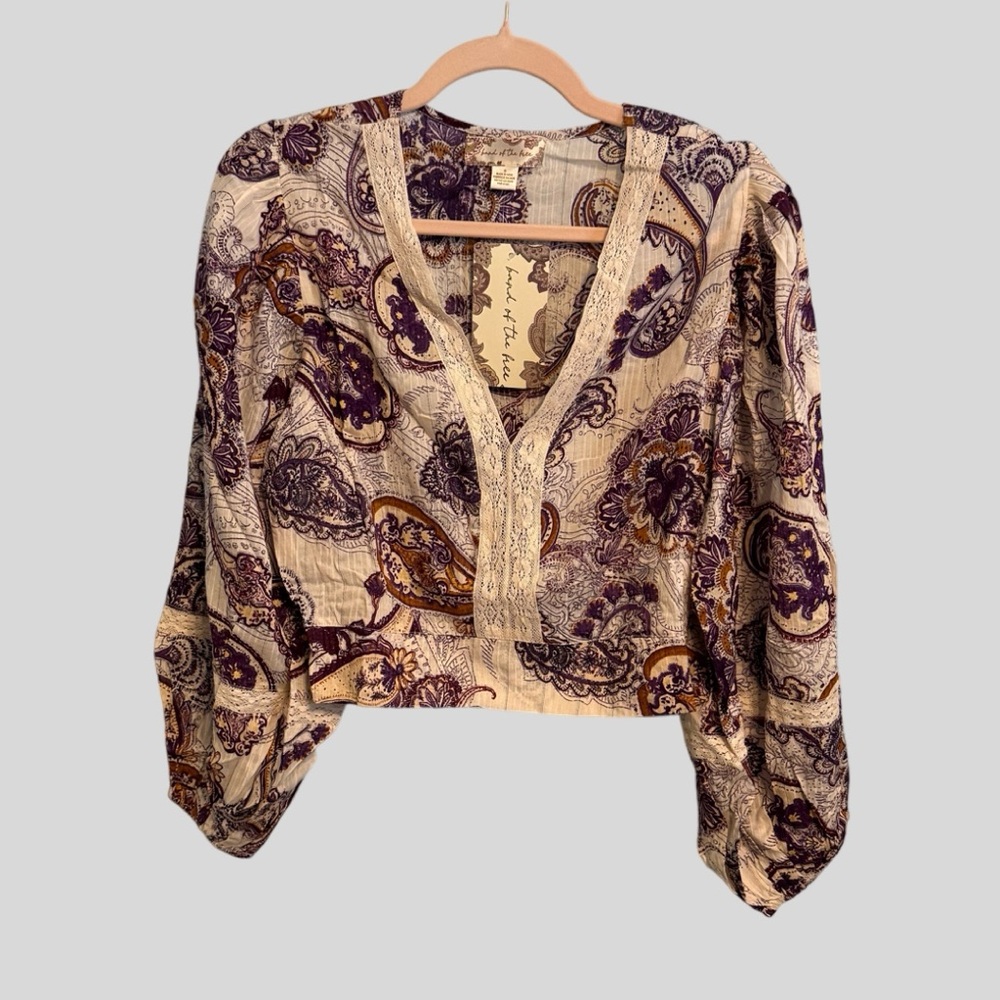 Boho Paisley V-Neck Blouse with Lace Trim - Purple/Cream Sz S NWT - Picture 1 of 6